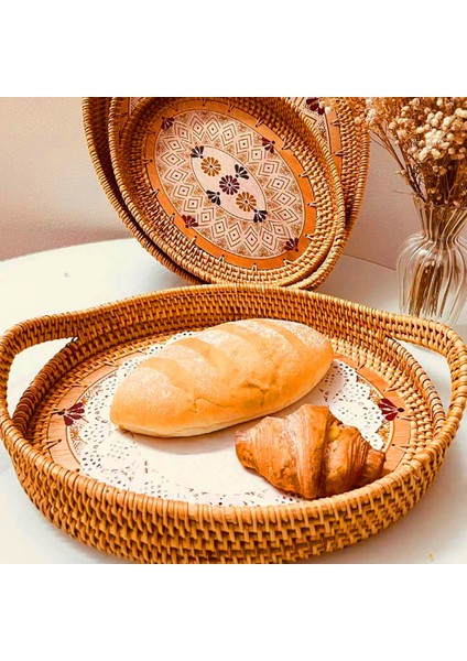 As Tarzı El Yapımı Hasır Sepet Saplı Meyve Kek Atıştırmalık Kahve Tabak Akşam Yemeği Servis Tepsi Masa Saklama Kabı Düzenleyici (Yurt Dışından) fırsatları
