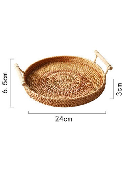M 24CM x 6.5cm Stili El Yapımı Hasır Saklama Tepsisi Ahşap Saplı Yuvarlak Hasır Sepet Ekmek Yemek Tabak Meyve Kek Tabağı Akşam Yemeği Servis Tepsi (Yurt Dışından)