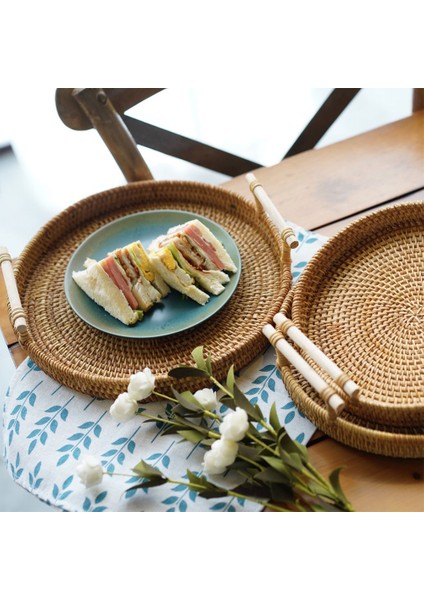 M 24CM x 6.5cm Stili El Yapımı Hasır Saklama Tepsisi Ahşap Saplı Yuvarlak Hasır Sepet Ekmek Yemek Tabak Meyve Kek Tabağı Akşam Yemeği Servis Tepsi (Yurt Dışından)
