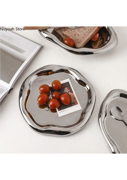 Gümüş-19,5cm Stili Modern Seramik Gümüş Kaplama Tabak Masa Üstü Dekorasyon Yaratıcı Sanat Mürekkep Nokta Saklama Tepsi Mutfak Oturma Odası Dekorasyon Tabak (Yurt Dışından) fırsatları