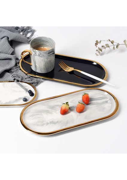 No.7 Tarzı Altın Kaplama Mermer Saklama Tepsi Seramik Avrupa Şarj Tabakları Yiyecek Meyve Tatlı Oval Tabak Takı Tepsi Süs Tabak Sunum Tabağı (Yurt Dışından) modelleri
