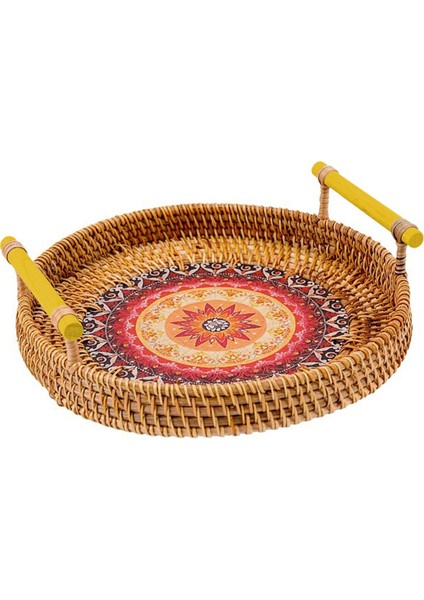Mavi L Tarzı 28CM Hasırlı El Dokuması Yuvarlak Servis Tepsisi Ahşap Kulplu Sepet Ekmek Sepeti Için Hasır Tepsi Meyve - (Yurt Dışından)