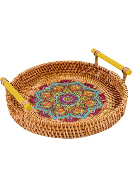 Mavi L Tarzı 28CM Hasırlı El Dokuması Yuvarlak Servis Tepsisi Ahşap Kulplu Sepet Ekmek Sepeti Için Hasır Tepsi Meyve - (Yurt Dışından)