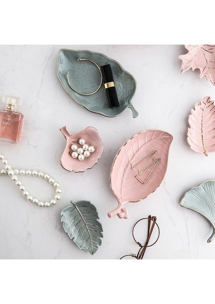 Mor Tarzı Yeşil Yaprak Altın Kenarlı Seramik Tepsi Saklama Tepsisi Altın Tüy Takı Makyaj Fırça Saklama Porselen Süs Tabak (Yurt Dışından) indirimleri