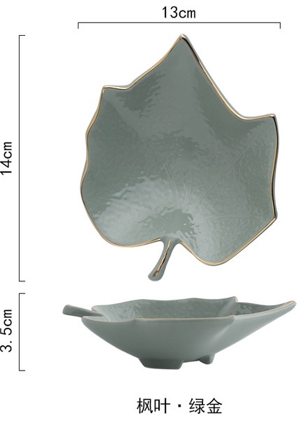 Menekşe Tarzı Yeşil Yaprak Altın Kenarlı Seramik Tepsi Saklama Tepsisi Altın Tüy Takı Makyaj Fırça Saklama Porselen Süs Tabak (Yurt Dışından)