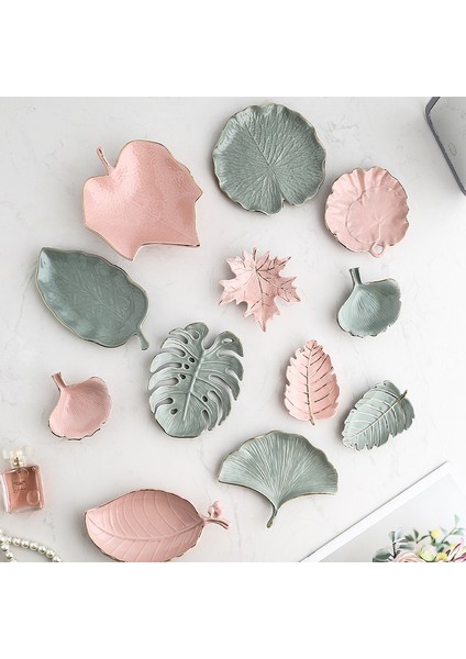 Menekşe Tarzı Yeşil Yaprak Altın Kenarlı Seramik Tepsi Saklama Tepsisi Altın Tüy Takı Makyaj Fırça Saklama Porselen Süs Tabak (Yurt Dışından) fiyatları