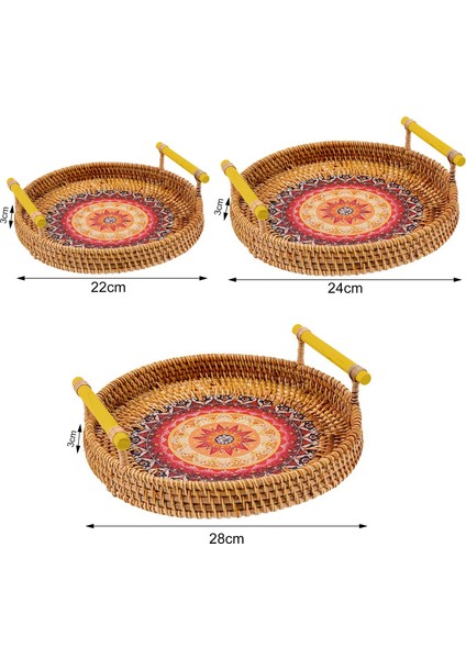 Mavi L Tarzı 28CM Hasırlı El Dokuması Yuvarlak Servis Tepsisi Ahşap Kulplu Sepet Ekmek Sepeti Için Hasır Tepsi Meyve - (Yurt Dışından)