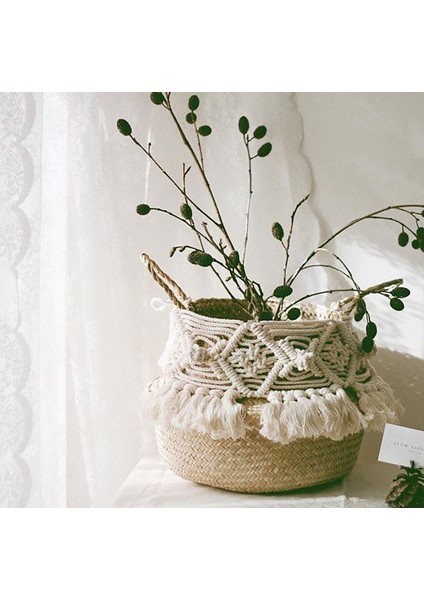 Bir Stil 27CMX24CM El Yapımı Boho Dekor Makrome Püsküllü Hasır Sepet Bahçe Çiçek Saksı Çalışma Odası Depolama Rattan Sepet Ev Organizatörü Sepet (Yurt Dışından)