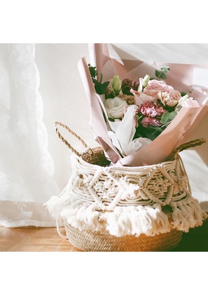 Bir Stil 27CMX24CM El Yapımı Boho Dekor Makrome Püsküllü Hasır Sepet Bahçe Çiçek Saksı Çalışma Odası Depolama Rattan Sepet Ev Organizatörü Sepet (Yurt Dışından) fiyatları