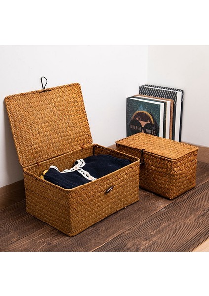 Kahverengi Sepet Stili L Beden El Yapımı Depolama Sepeti Dokuma Eşya Düzenleyici Kozmetik Kitap Konteyner Deniz Yosunu Depolama Kutusu Düğmeli Kapak Masaüstü (Yurt Dışından) modelleri