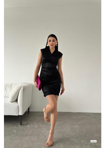 Kadın Kurvaze Yaka Kolsuz Büzgü Detay Saten Elbise(Renkli)