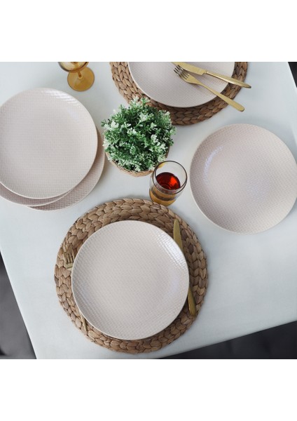 Kumlu Krem Rölyefli Servis Tabağı 27 cm 6 Adet Q32