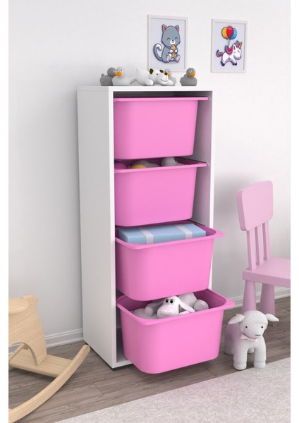 Tekno Trust Çoklu 4 Derin Sepetli Çok Amaçlı Oyuncak Dolabı Mutfak Kiler Dolabı Dolabı Pembe 109 cm 30 cm Sunta