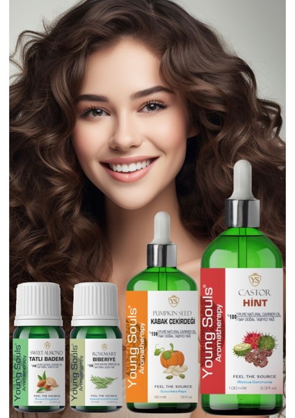 Aromatherapy Castor, Pumpkin Seed, Sweet Almond, Rosemary Oil / Hint, Kabak Çekirdeği, Tatlı Badem, Biberiye Yağı 170 Ml