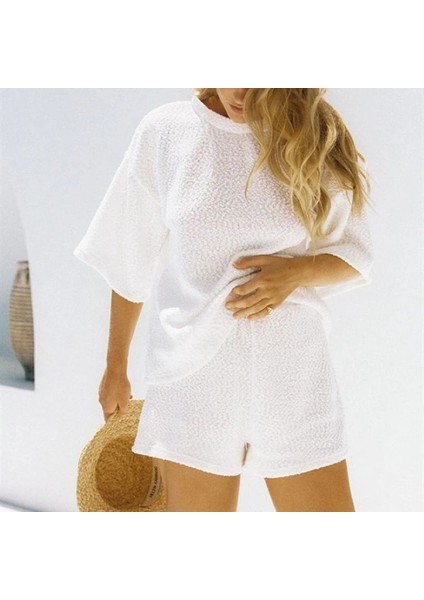 Kadın Kısa Kollu Gipeli Suprem Tişört ve Astarlı Şort Ikili Takım - Beyaz
