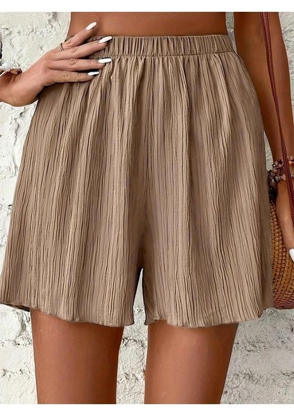 Kadın Beli Lastikli Bürümcük Kumaş Şort