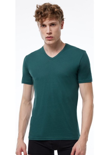 Erkek Yeşil 3 Lü Paket Basic V Yaka Ince Modal Yaz Serinliği Tshirt 3M085 fırsatları