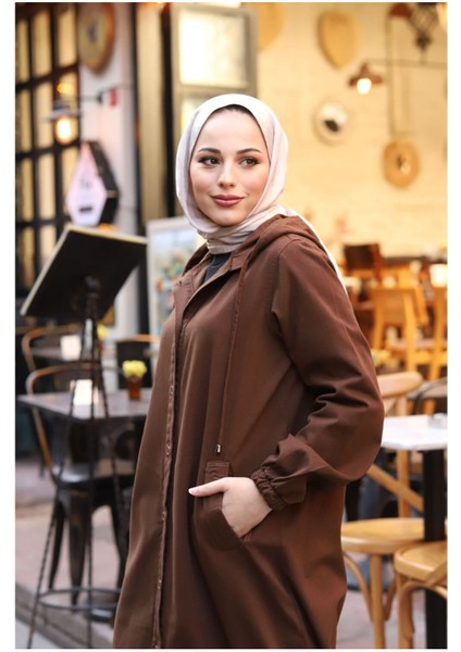 Denim Kapşonlu Kap- Denim Pardesü/ Kahverengi