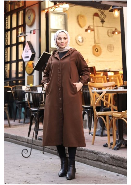 Denim Kapşonlu Kap- Denim Pardesü/ Kahverengi