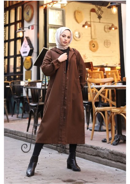 Denim Kapşonlu Kap- Denim Pardesü/ Kahverengi
