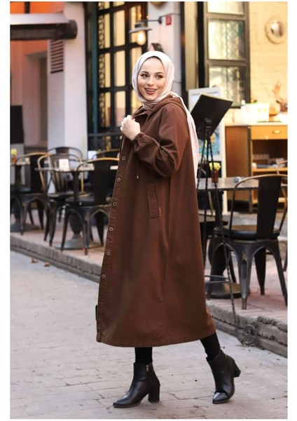 Denim Kapşonlu Kap- Denim Pardesü/ Kahverengi