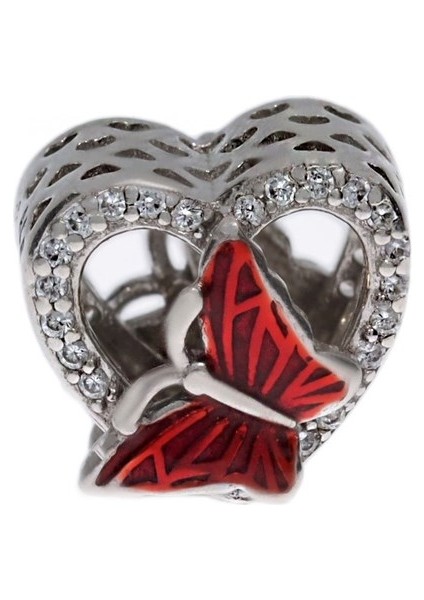 Bayan Kalp Model Kırmızı Kelebek Detay Gümüş Charm