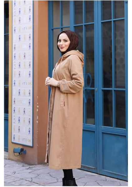 Denim Kapşonlu Kap- Denim Pardesü/ Kahverengi