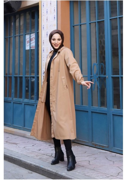 Denim Kapşonlu Kap- Denim Pardesü/ Kahverengi