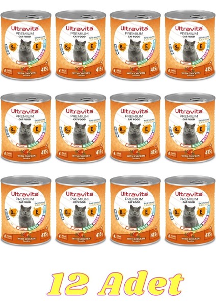 Premium Yüksek Proteinli Tavuk Etli Konserve Yaş Kedi Maması 415GRX12 Adet