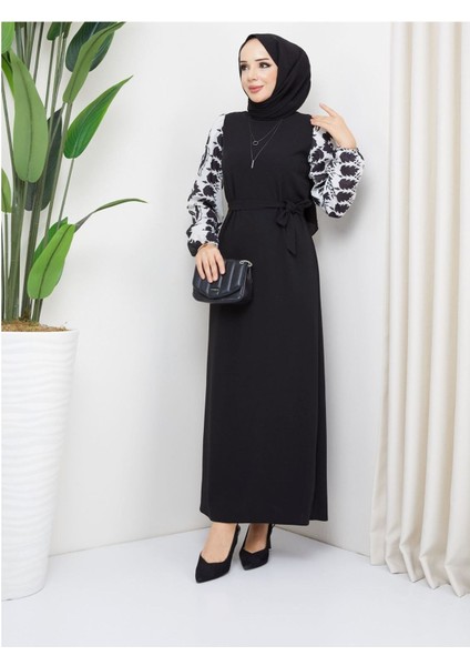 Yuvarlak Desenli Şifon Kollu Tuğba Model Elbise - Siyah