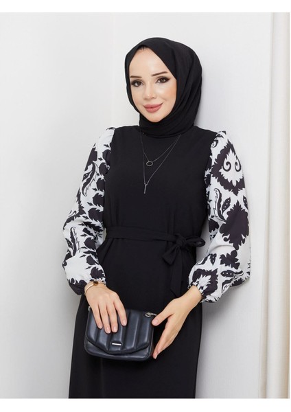 Yuvarlak Desenli Şifon Kollu Tuğba Model Elbise - Siyah