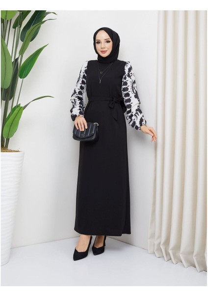 Yuvarlak Desenli Şifon Kollu Tuğba Model Elbise - Siyah