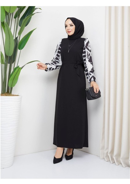 Yuvarlak Desenli Şifon Kollu Tuğba Model Elbise - Siyah