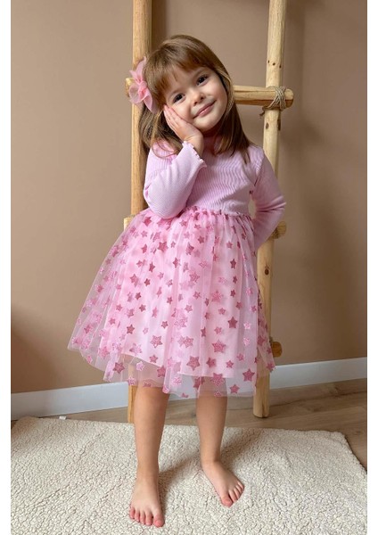 Pembe Yıldız Baskılı Tül Etekli Kız Çocuk Elbise - Karen