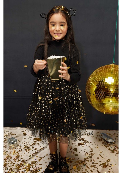 Siyah Yıldız Baskılı Tül Etekli Kız Çocuk Elbise - Karen