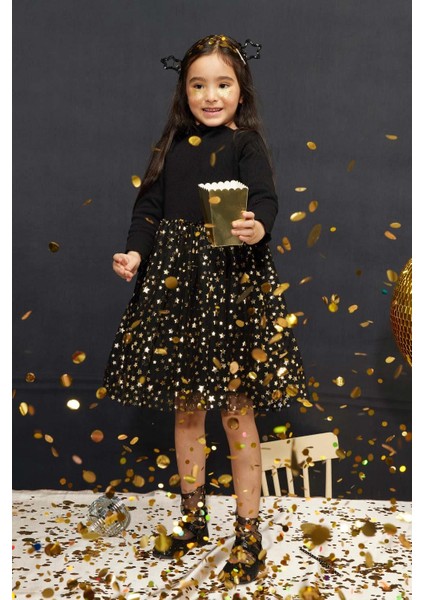 Siyah Yıldız Baskılı Tül Etekli Kız Çocuk Elbise - Karen fiyatları