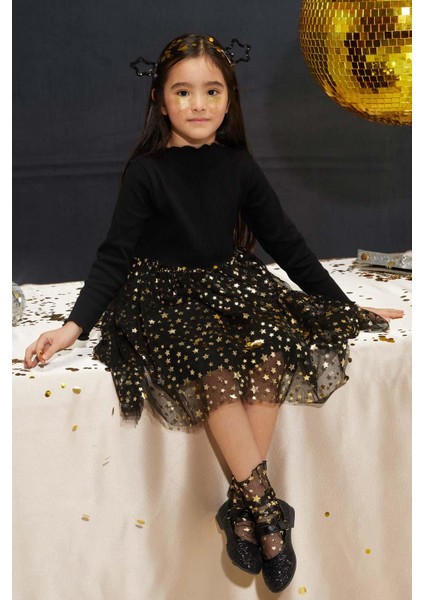 Siyah Yıldız Baskılı Tül Etekli Kız Çocuk Elbise - Karen modelleri