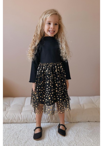 Siyah Yıldız Baskılı Tül Etekli Kız Çocuk Elbise - Karen fırsatları
