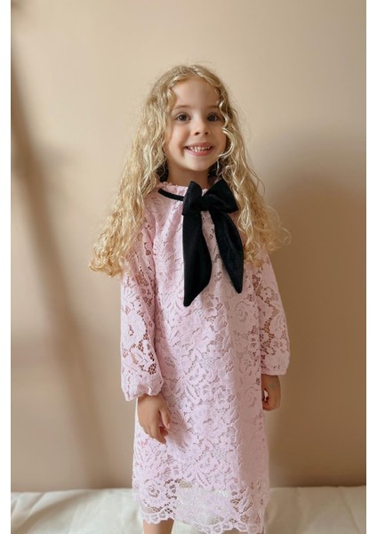 Pembe Güpür Fiyonklu Kız Çocuk Elbise - Bessie