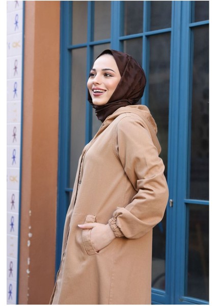 Denim Kapşonlu Kap- Denim Pardesü/ Kahverengi