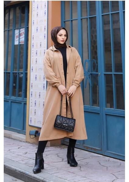 Denim Kapşonlu Kap- Denim Pardesü/ Kahverengi modelleri