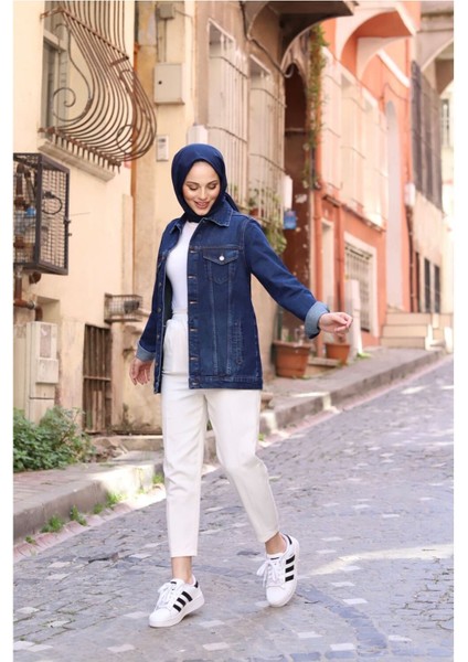 Kadın Koyu Mavi Kot Ceket Doğal Kumaş Cep Detaylı modelleri