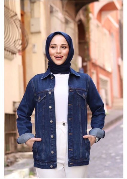 Kadın Koyu Mavi Kot Ceket Doğal Kumaş Cep Detaylı fırsatları