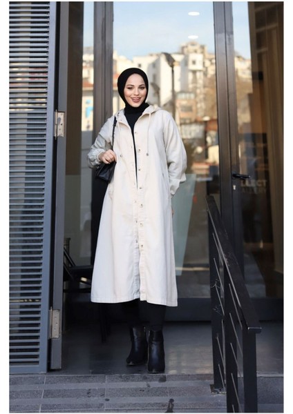 Denim Kapşonlu Kap- Denim Pardesü/ Kahverengi indirimleri