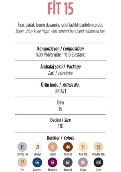 Siyah. 3 Çift. Parlak. Fit. 15 Den. Burnu Dayanıklı, Rahat Lastikli, Pantolon Çorabı. Renk NO:500