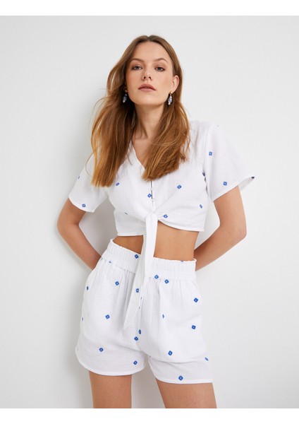 Crop Gömlek Kısa Kollu Önden Bağlamalı Işlemeli Pamuklu