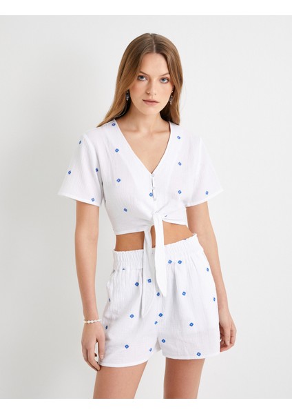 Crop Gömlek Kısa Kollu Önden Bağlamalı Işlemeli Pamuklu modelleri