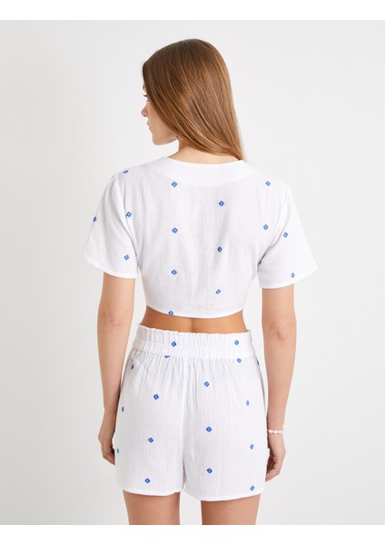 Crop Gömlek Kısa Kollu Önden Bağlamalı Işlemeli Pamuklu fırsatları