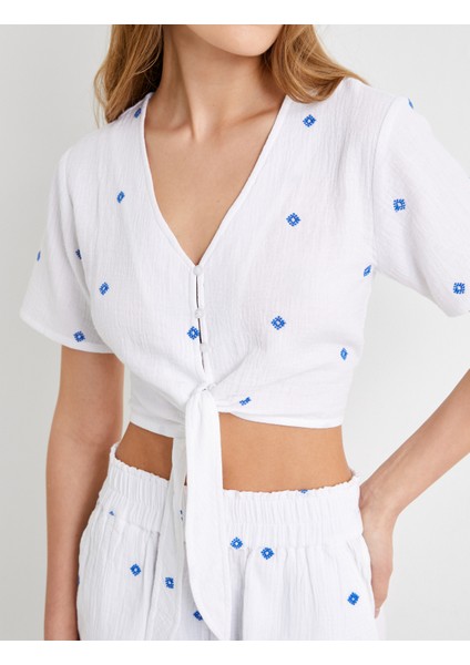 Crop Gömlek Kısa Kollu Önden Bağlamalı Işlemeli Pamuklu indirimleri