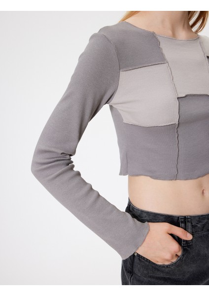 Crop Tişört Uzun Kollu Kaşkorse Renk Bloklu Nervürlü Slim Fit